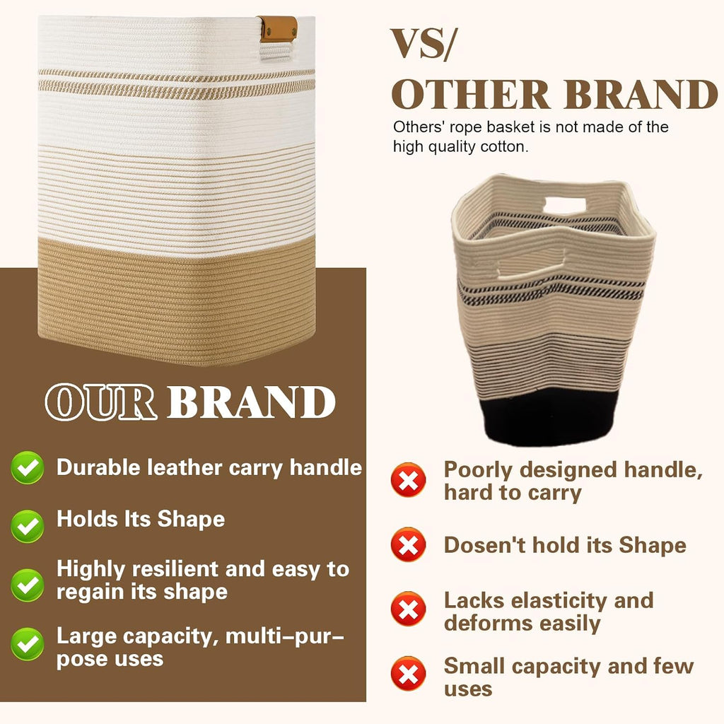 Laundry Hamper, 85L Tall Laundry Basket with Leather Handles, Rectangle Large Clothes Hamper for Organizing, Cotton Woven Laundry Baskets Storage Hampers for Bedroom, Nursery, Living Room