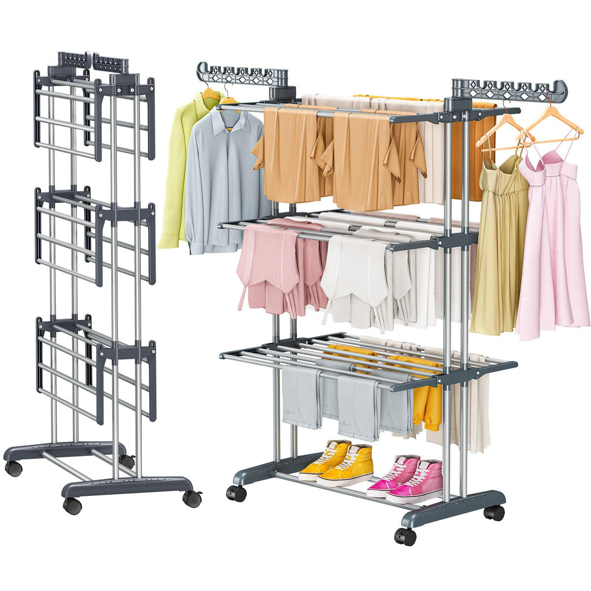 Upgraded 4-Tier Clothes Drying Rack, Drying Rack Clothing with Wheels