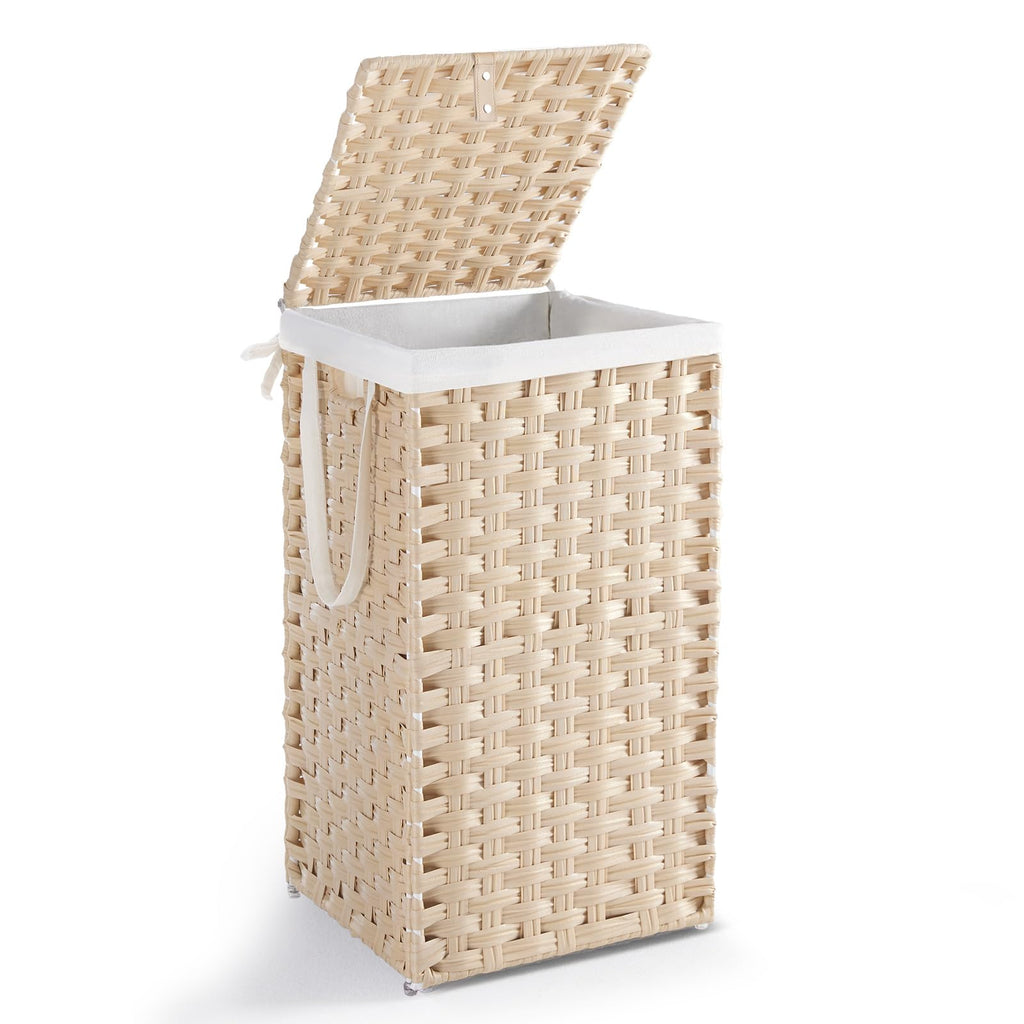 DUMOS Woven Laundry Basket with Lid, 90L Large Capacity Hamper, Removable & Machine-Washable Liner, Foldable Rattan Clothes Hamper, Sturdy Steel Frame, Odor Control, Goose Yellow