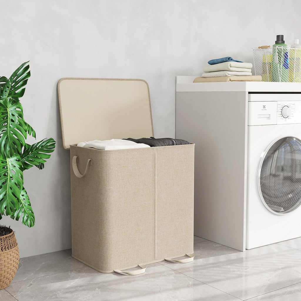 Lifewit Double Laundry Hamper with Lid, Removable Laundry Bags, Beige