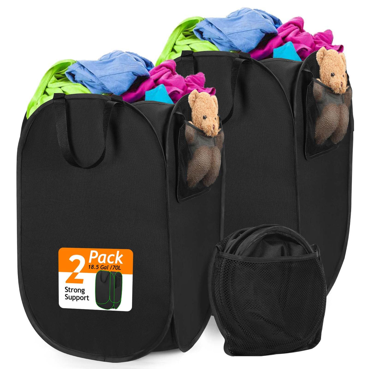 Upgraded Polyester Pop-up Laundry Hamper 2 Pack, 70L(18.5 Gal) Laundry Basket with Durable Handles Solid Bottom High Carbon Steel Frame and Side Pocket, Easy to Open Fold Flat for Storage