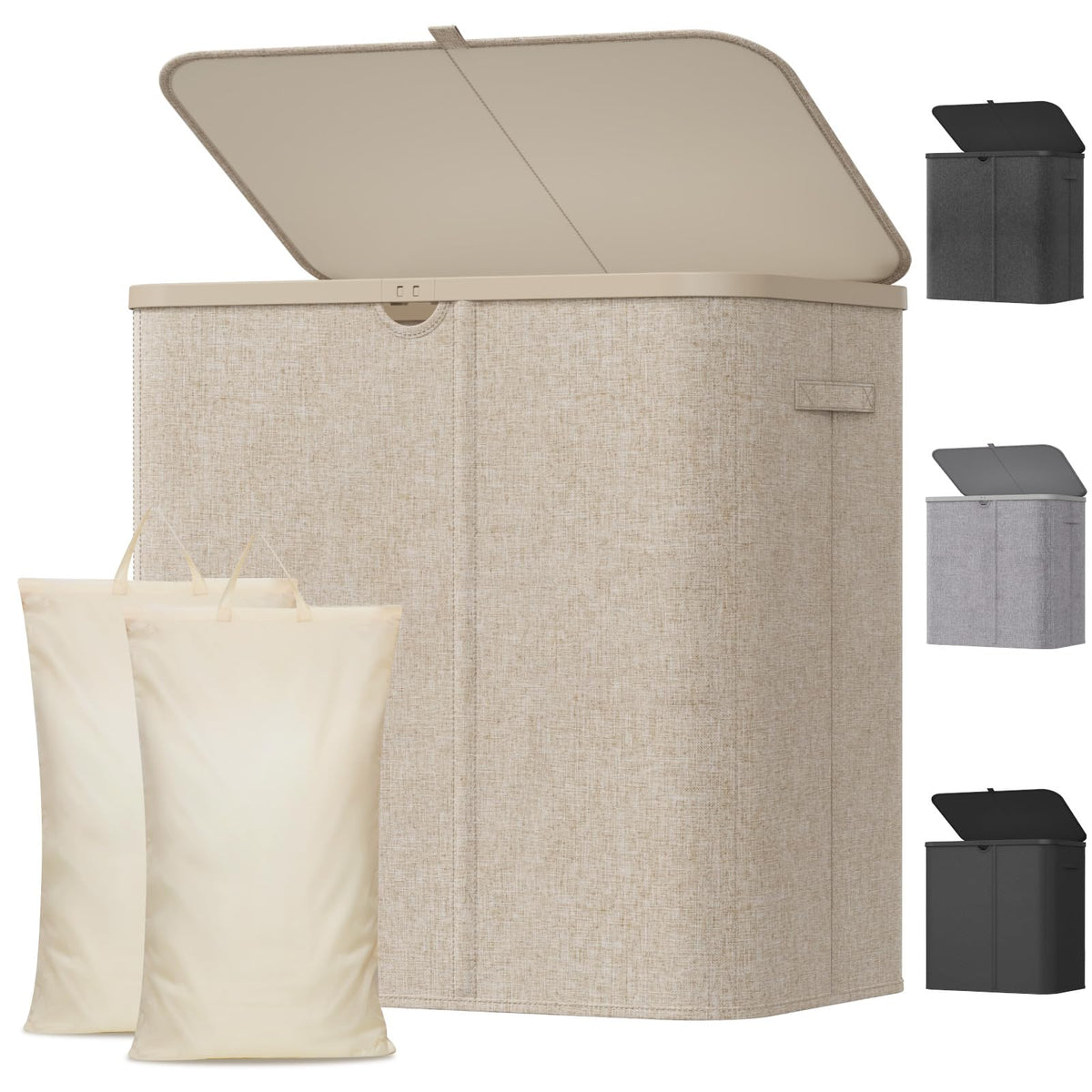 Lifewit 105L Large Laundry Basket with Lid, Laundry Hamper with Plastic Handles and Removable Bag, Foldable Tall Dirty Clothes Hampers for Laundry for Laundry Room, Bedroom, Bathroom, Dorm, Beige