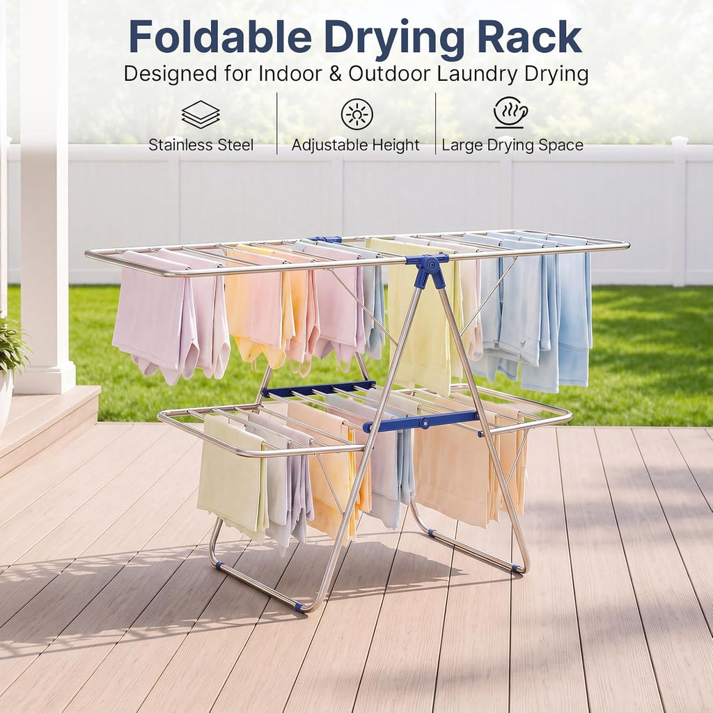 Stainless Steel 2-Tier Foldable Clothes Drying Rack, 57 Inches Max Height