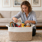 65L Laundry Basket with Handles, Woven Blanket Basket, White/Brown