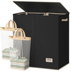 SOLEDI Luxury Double Laundry Hamper with Lid and Removable Bags, 38.3 Gal Large Laundry Bin, Laundry Basket 2 Sections, Collapsible Clothes Hamper for Bedroom, Laundry Room, Bathroom, Off-white