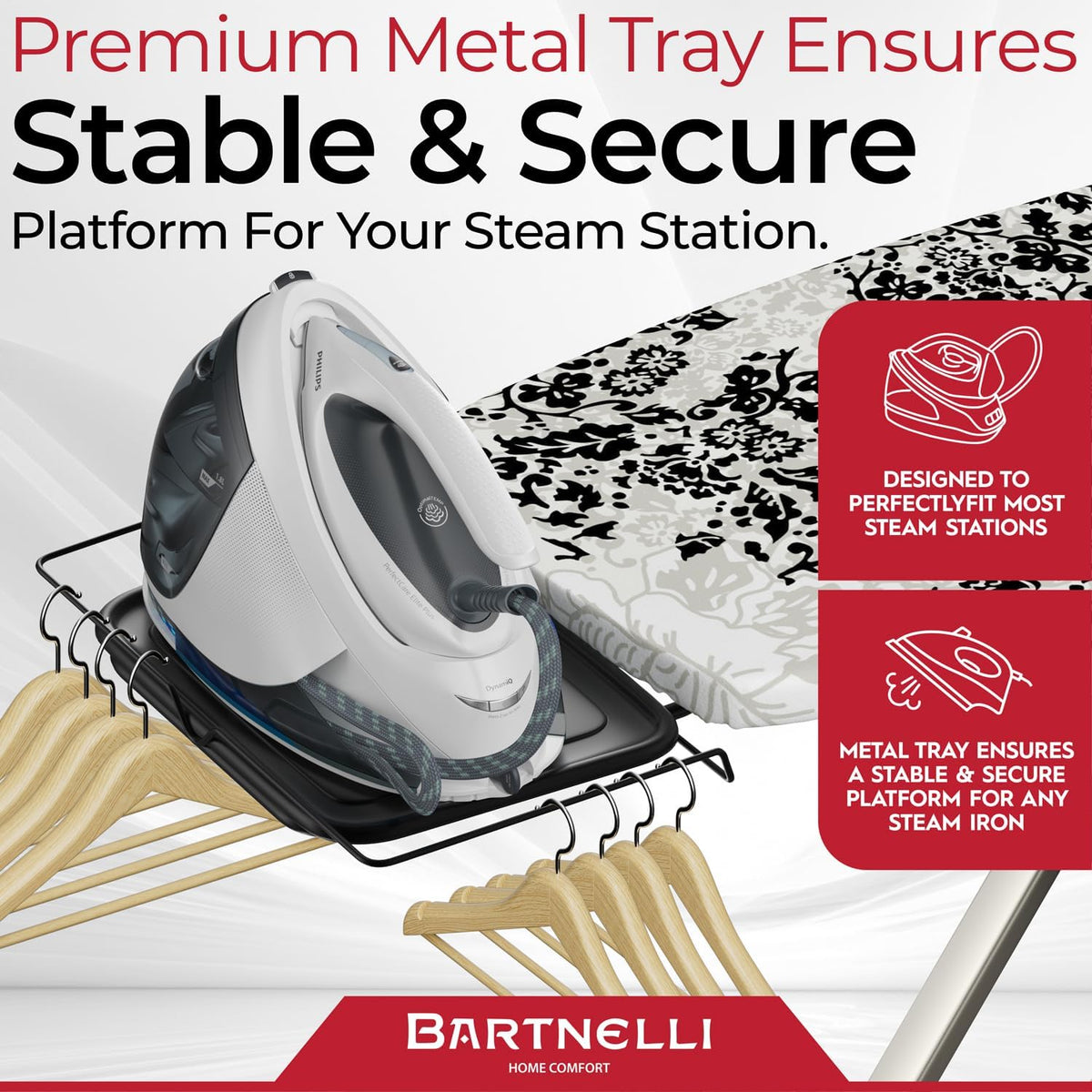 Bartnelli Pro Luxury Ironing Board - Extra Wide 51x19 Ironing Surface, Ultra-Premium Aluminum Build, Includes Steam Iron Rest, Adjustable Height, Foldable, European Made
