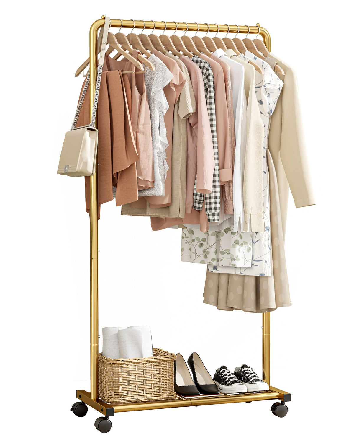 Sakugi Clothes Rack - Clothing Rack with Storage Mesh Shelf & Casters, Heavy-Duty Metal Clothing Rack for Hanging Clothes, Dresses, Coats, Large Load Capacity, Easy Assembly, Black, 28.0"x16.9"x59.0"