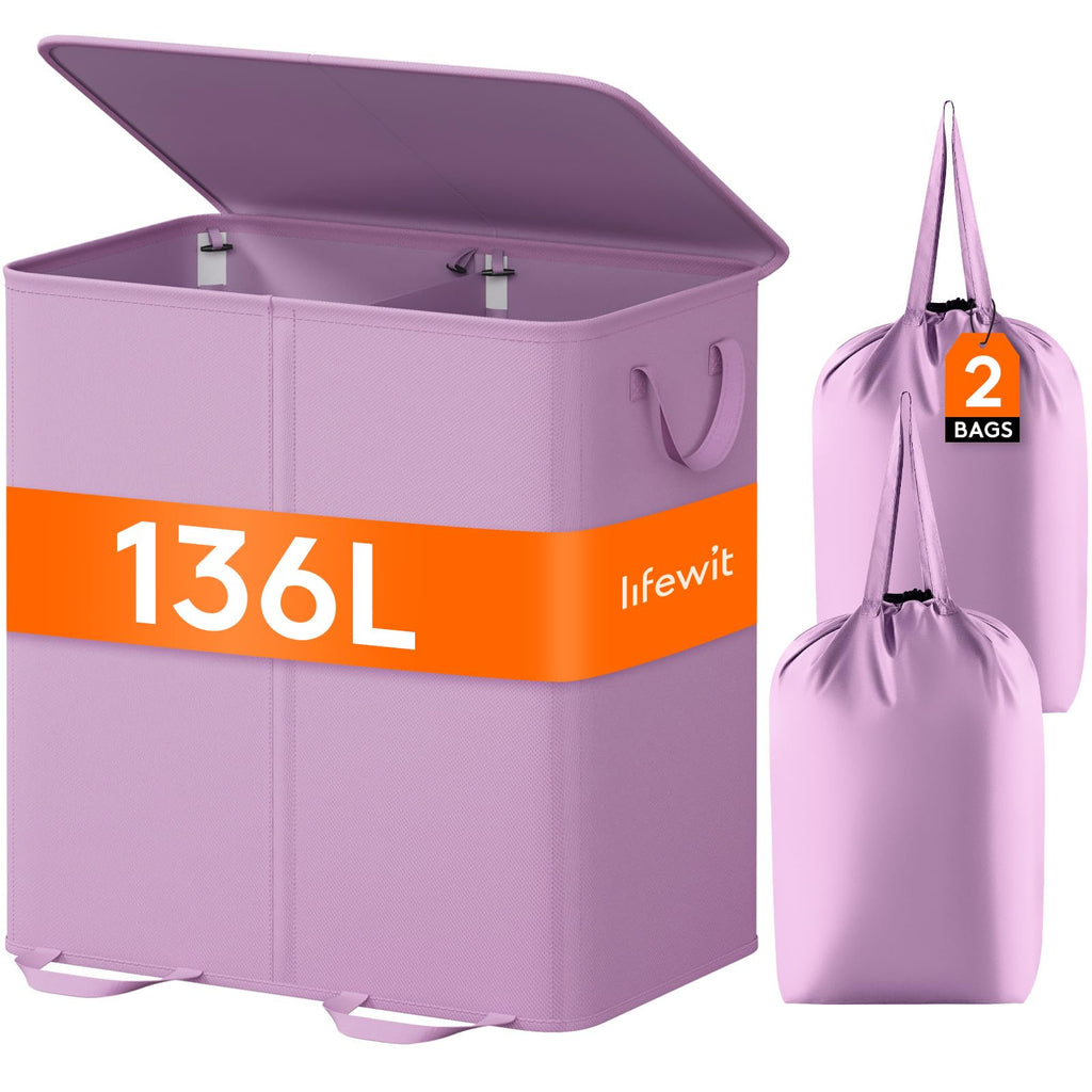 Lifewit Double Laundry Hamper with Lid, Removable Laundry Bags, Beige