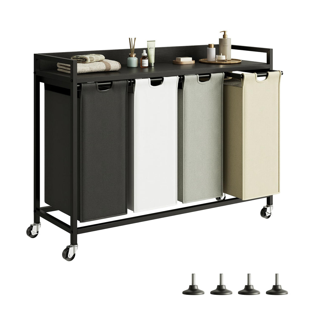 Herture Laundry Hamper with Shelf, Laundry Basket 4 Section, Laundry Sorter with Pull-Out Removable Large 4 Color Bags and Movable Wheels, Metal Frame, 4 x 15.87 Gallons (60L), Rustic Brown PF07XLN