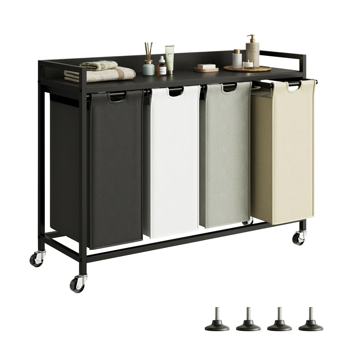 Herture Laundry Hamper with Shelf, Laundry Basket 4 Section, Laundry Sorter with Pull-Out Removable Large 4 Color Bags and Movable Wheels, Metal Frame, 4 x 15.87 Gallons (60L), Rustic Brown PF07XLN