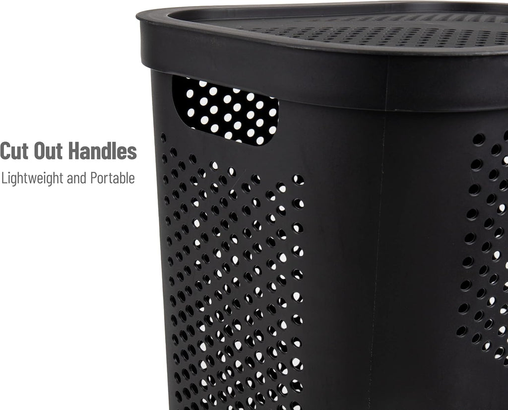 Mind Reader Slim Laundry Hamper with Lid, 60L Clothes Basket, Ventilated Plastic, Black