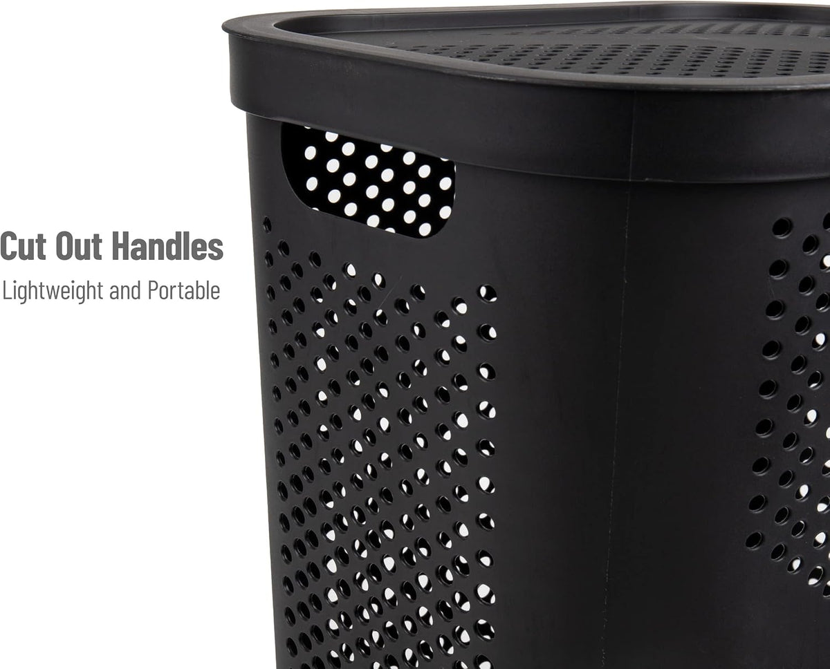 Mind Reader Slim Laundry Hamper with Lid, 60L Clothes Basket, Ventilated Plastic, Black