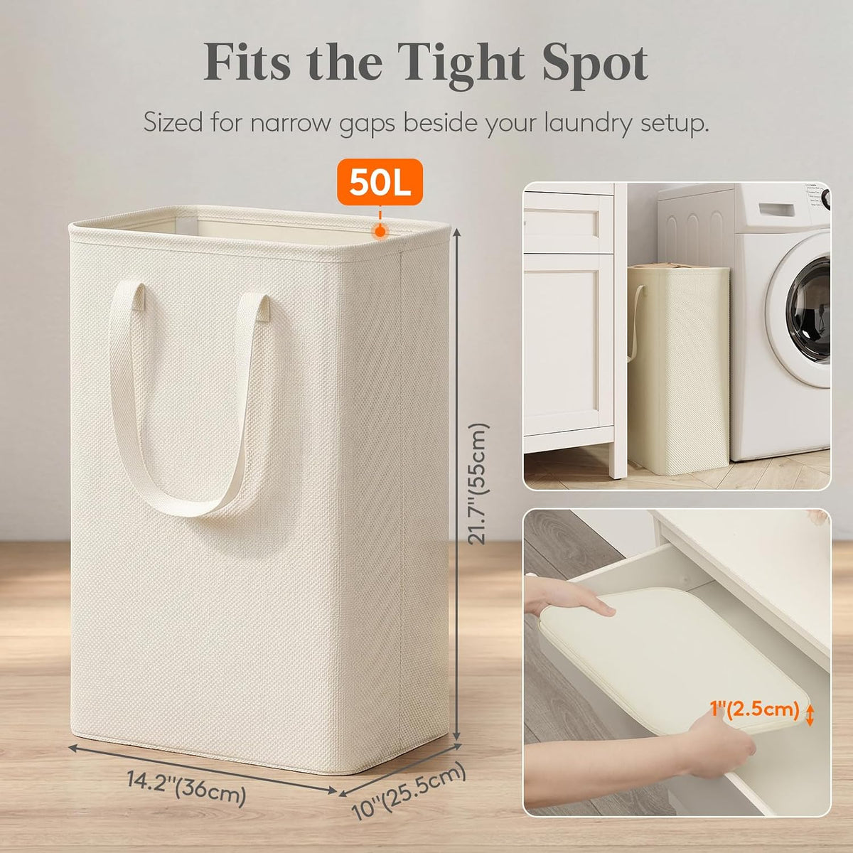 Lifewit Slim Collapsible Laundry Basket with Handles, 50L, Beige