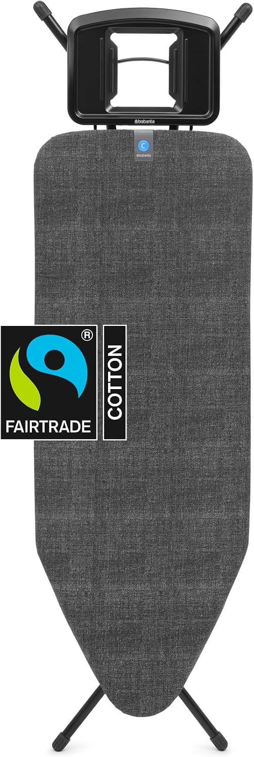 Brabantia XL Comfort Ironing Board with Solid Steam Iron Rest | Large (Size C) | Fairtrade Denim Black Cover | Adjustable Height (27-38"), Easy Fold, Anti-Collapse Lock, Non-Slip Feet