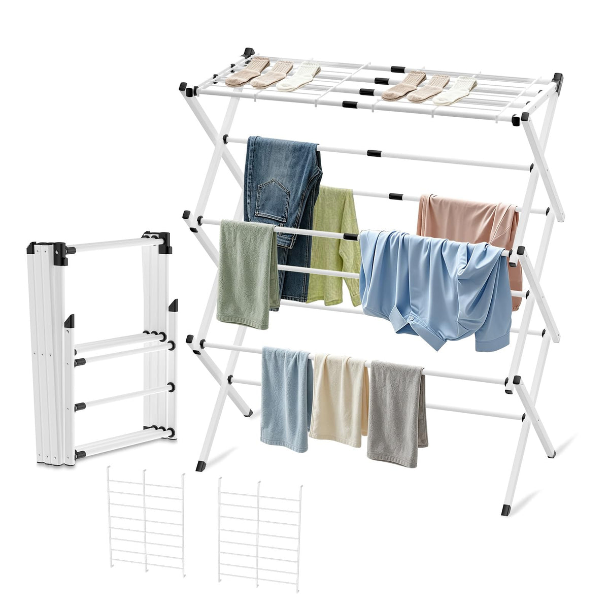 BAKON Space Saving Foldable Clothes Drying Rack, Extendable Rustproof Laundry Rack for Indoor Outdoor Use, No Assembly Required, Suitable for Bathroom Laundry Room Apartment RV, White