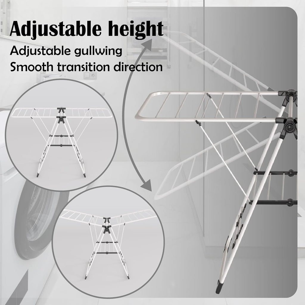 Maomo Foldable Clothes Drying Rack, Double-Sided Gullwing Laundry Drying Stand with Adjustable Wings, Tool-Free Setup, Space-Saving Steel Rack for Indoor Use, White
