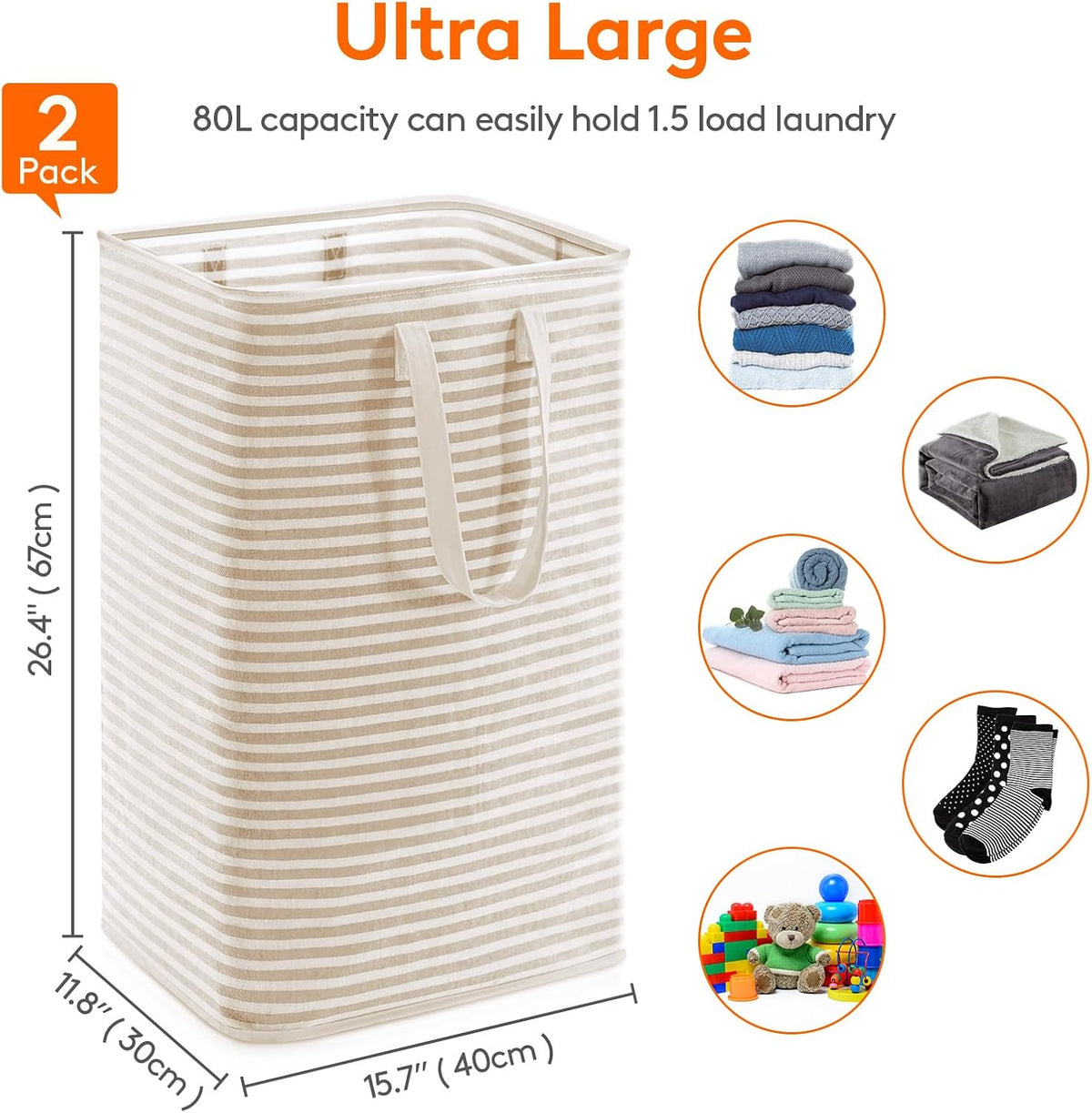 Lifewit 80L Large Laundry Baskets, Laundry Hampers Bags, 2 Pack, Beige