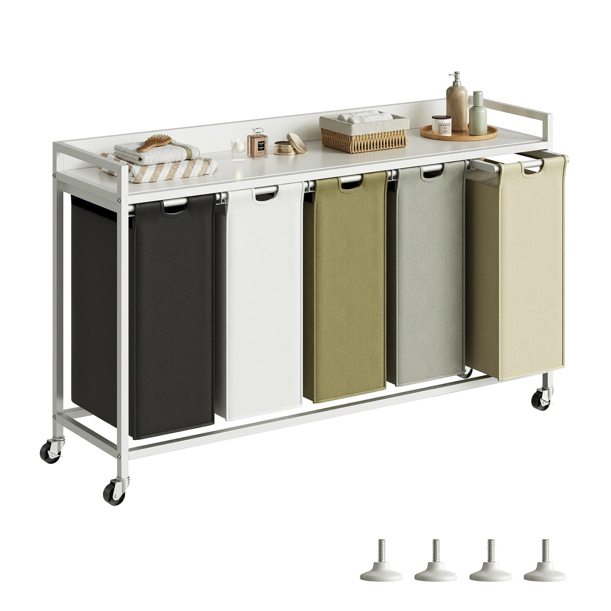 Herture Laundry Hamper with Shelf, Laundry Basket 4 Section, Laundry Sorter with Pull-Out Removable Large 4 Color Bags and Movable Wheels, Metal Frame, 4 x 15.87 Gallons (60L), Rustic Brown PF07XLN