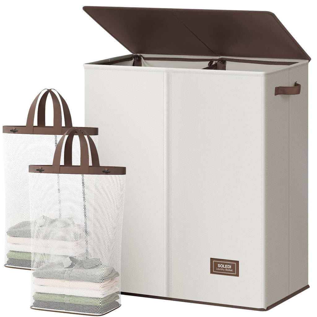 SOLEDI Luxury Double Laundry Hamper with Lid and Removable Bags, 38.3 Gal Large Laundry Bin, Laundry Basket 2 Sections, Collapsible Clothes Hamper for Bedroom, Laundry Room, Bathroom, Off-white