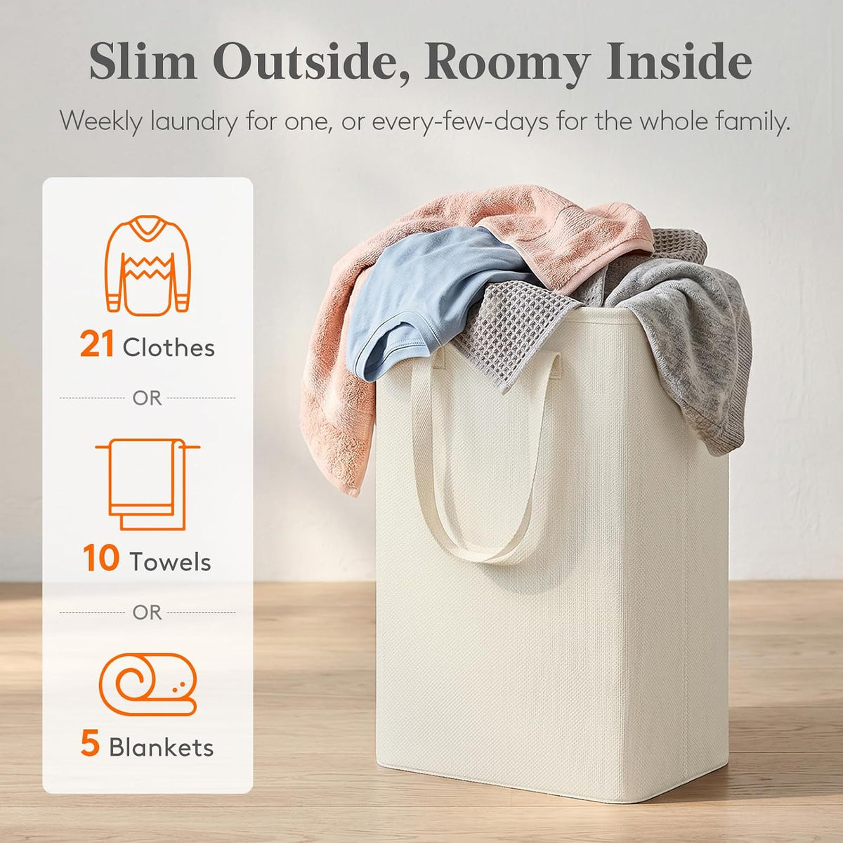 Lifewit Slim Collapsible Laundry Basket with Handles, 50L, Beige