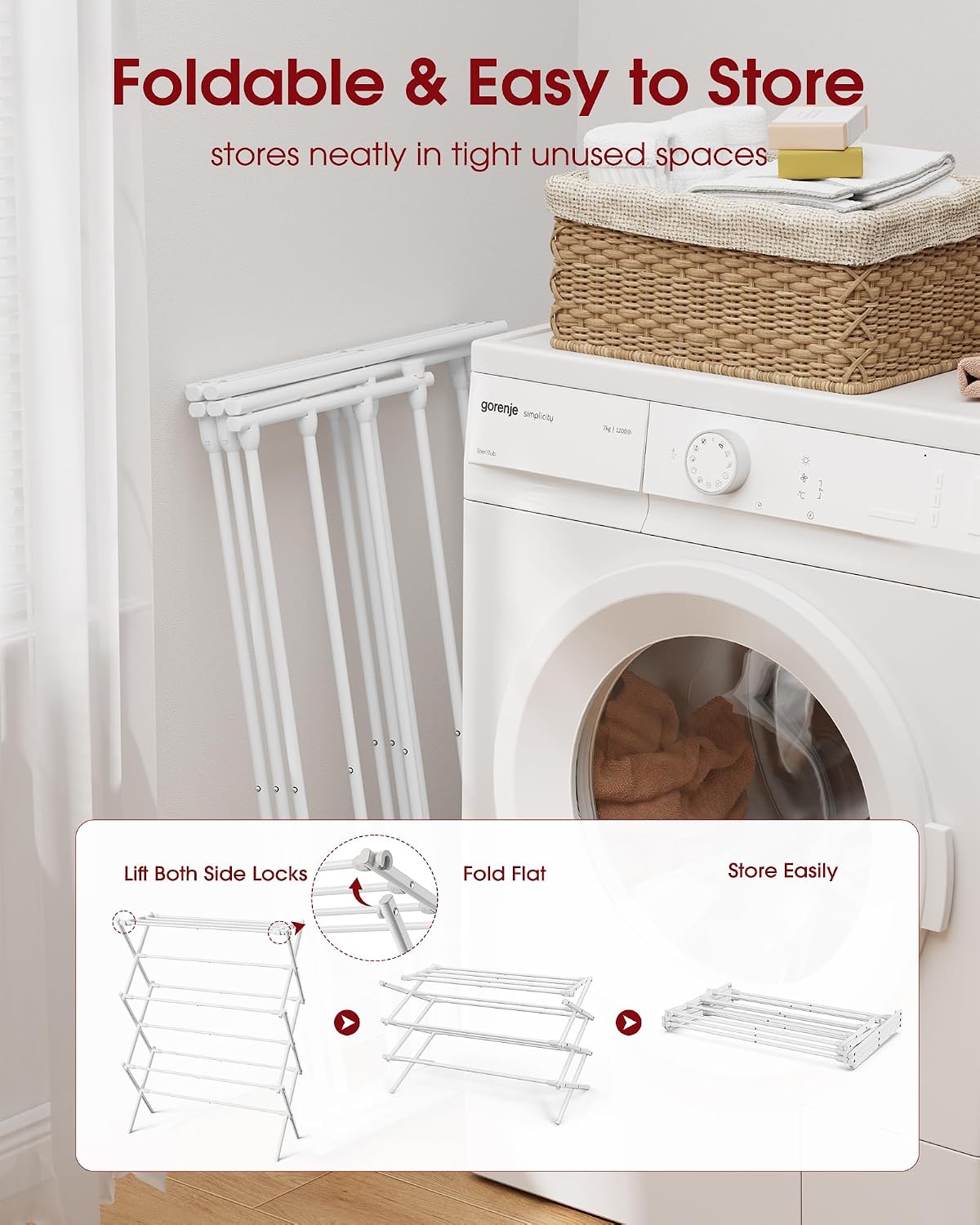 Sakugi Foldable 3-Tier Clothes Drying Rack 37.4" H with Non-Slip Feet