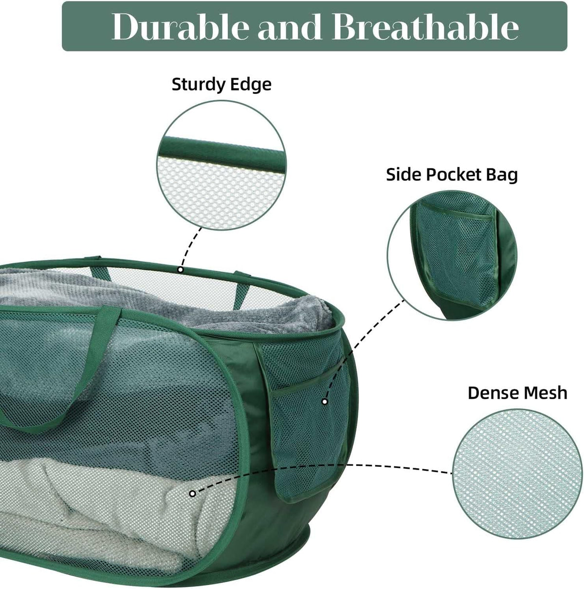 Sturdy Mesh Pop Up Laundry Hamper, Collapsible Laundry Baskets with Side Pocket, Foldable Clothes Hamper with Reinforced Carry Handles for Laundry, Bathroom, Kids Room, Dorm or Travel 2 Pack Emerald