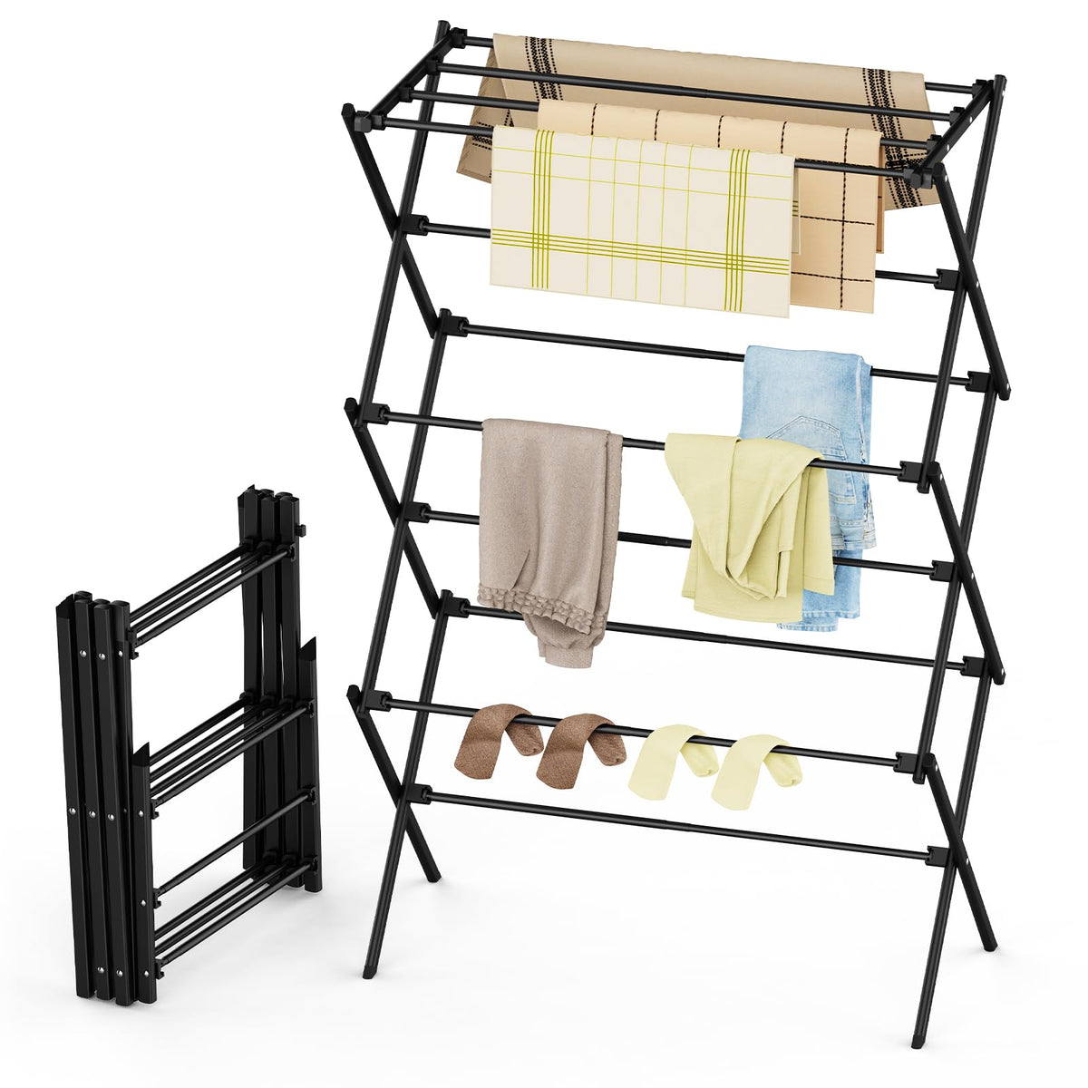 Drying Rack Clothing, 3-Tier Clothes Drying Rack Foldable, Antirust Laundry Drying Rack Collapsible Use for Indoor & Outdoor, 11.8" D x 34.6" W x 35.4" H, White
