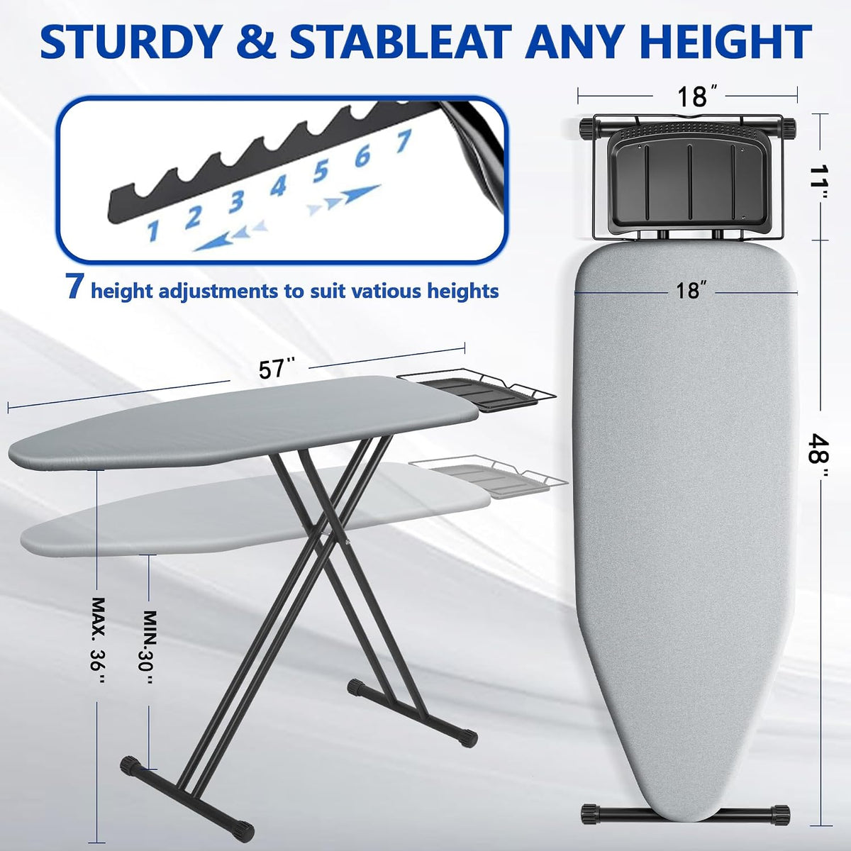 UFETGYG Classic Full Size Ironing Board 57" X 18" with Iron Rest, Extra Wide Size Full Metal Construction,Height Adjustable, Heat & Scorch Resistant Fabric, Anti-Skid Feet, Heavy Duty