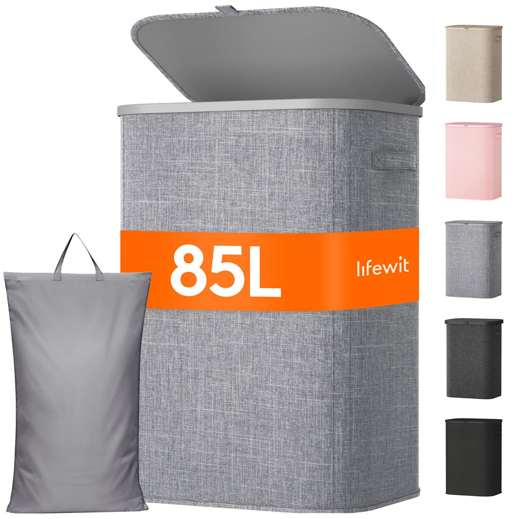 Lifewit 105L Large Laundry Basket with Lid, Laundry Hamper with Plastic Handles and Removable Bag, Foldable Tall Dirty Clothes Hampers for Laundry for Laundry Room, Bedroom, Bathroom, Dorm, Beige