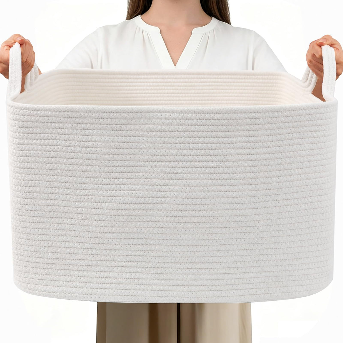 65L Laundry Basket with Handles, Woven Blanket Basket, White/Brown