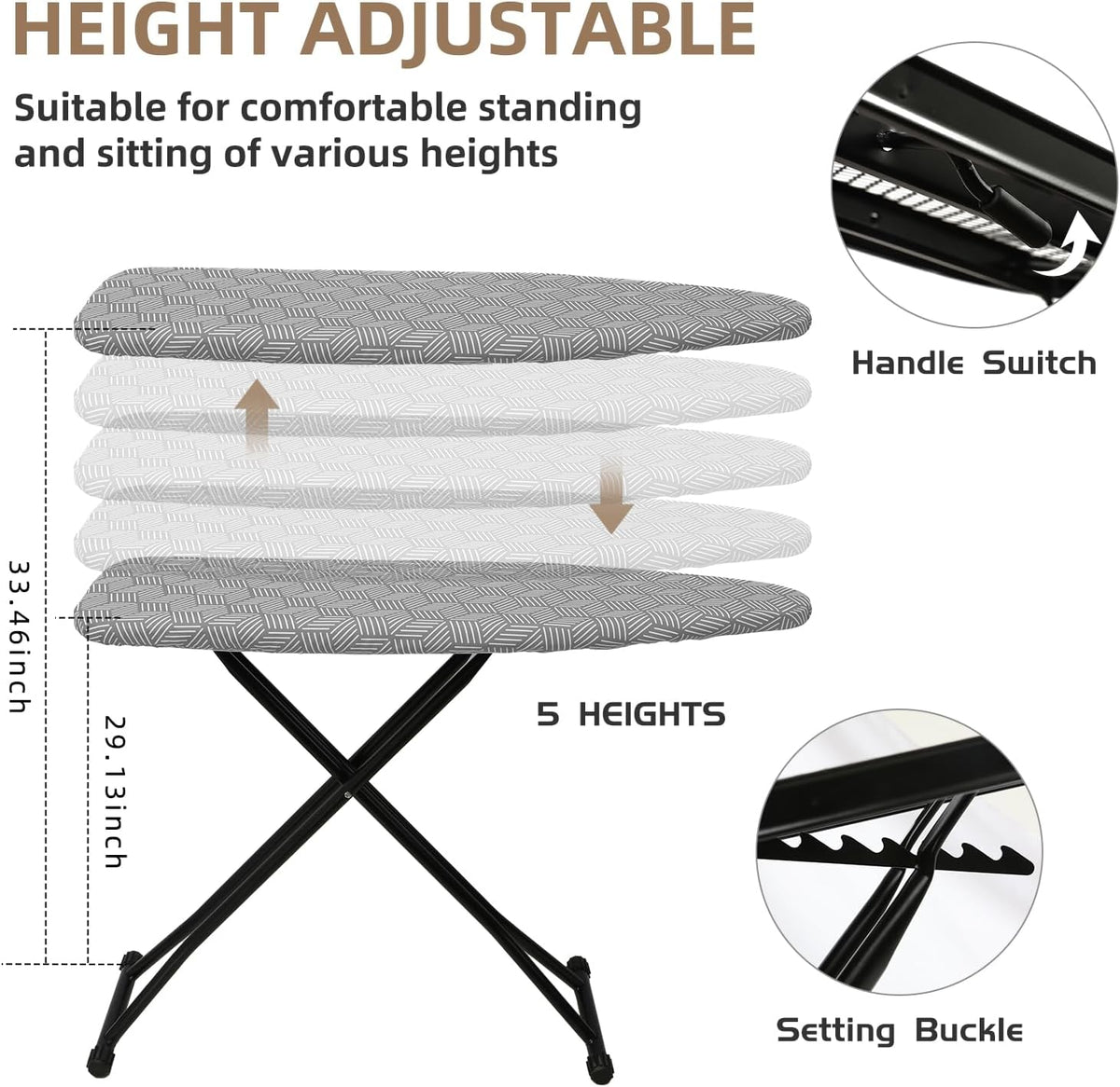 Ironing Board Adjustable Height Folding Ironing Board with Iron Pad, Heat-Resistant Cover, Thick Steel Tube Compact Iron Board (Grey)