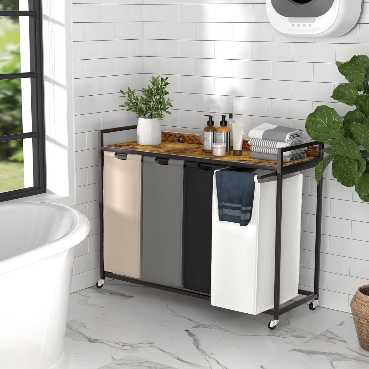 Herture Laundry Hamper with Shelf, Laundry Basket 4 Section, Laundry Sorter with Pull-Out Removable Large 4 Color Bags and Movable Wheels, Metal Frame, 4 x 15.87 Gallons (60L), Rustic Brown PF07XLN