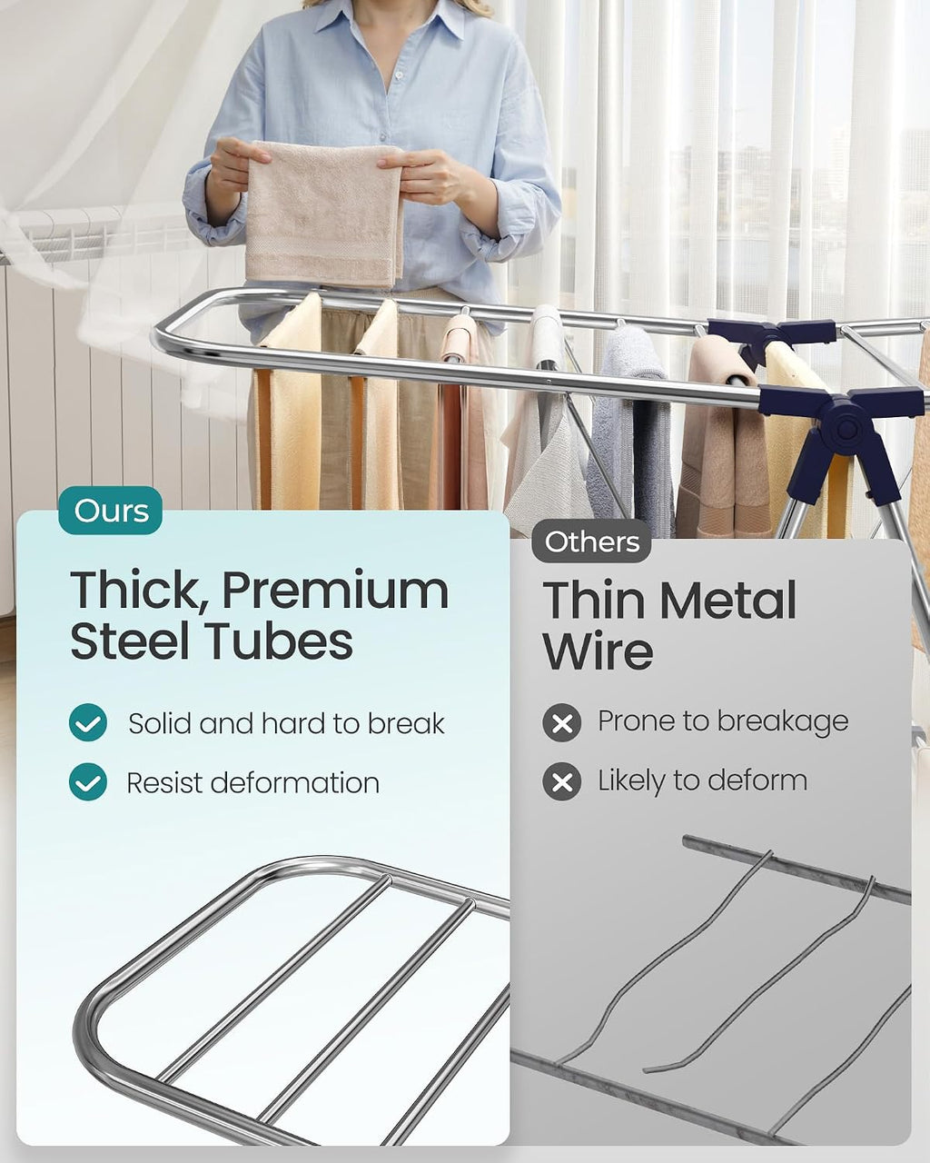 SONGMICS Clothes Drying Rack, Foldable Metal Airer, 17 x 51.2 x 39 Inches