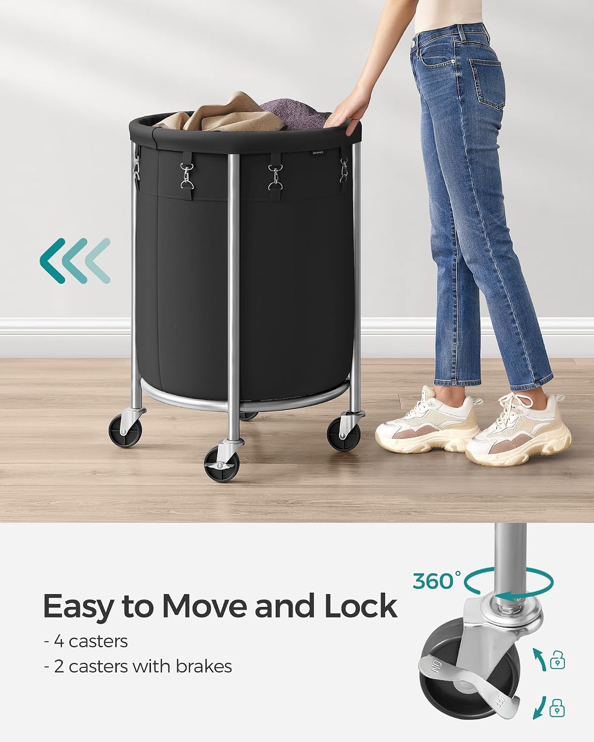 SONGMICS Laundry Basket with Wheels, 110L, Steel Frame, Removable Bag
