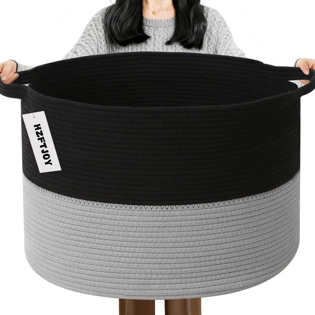 Large Woven Blanket Basket,65L Cotton Rope Laundry Basket