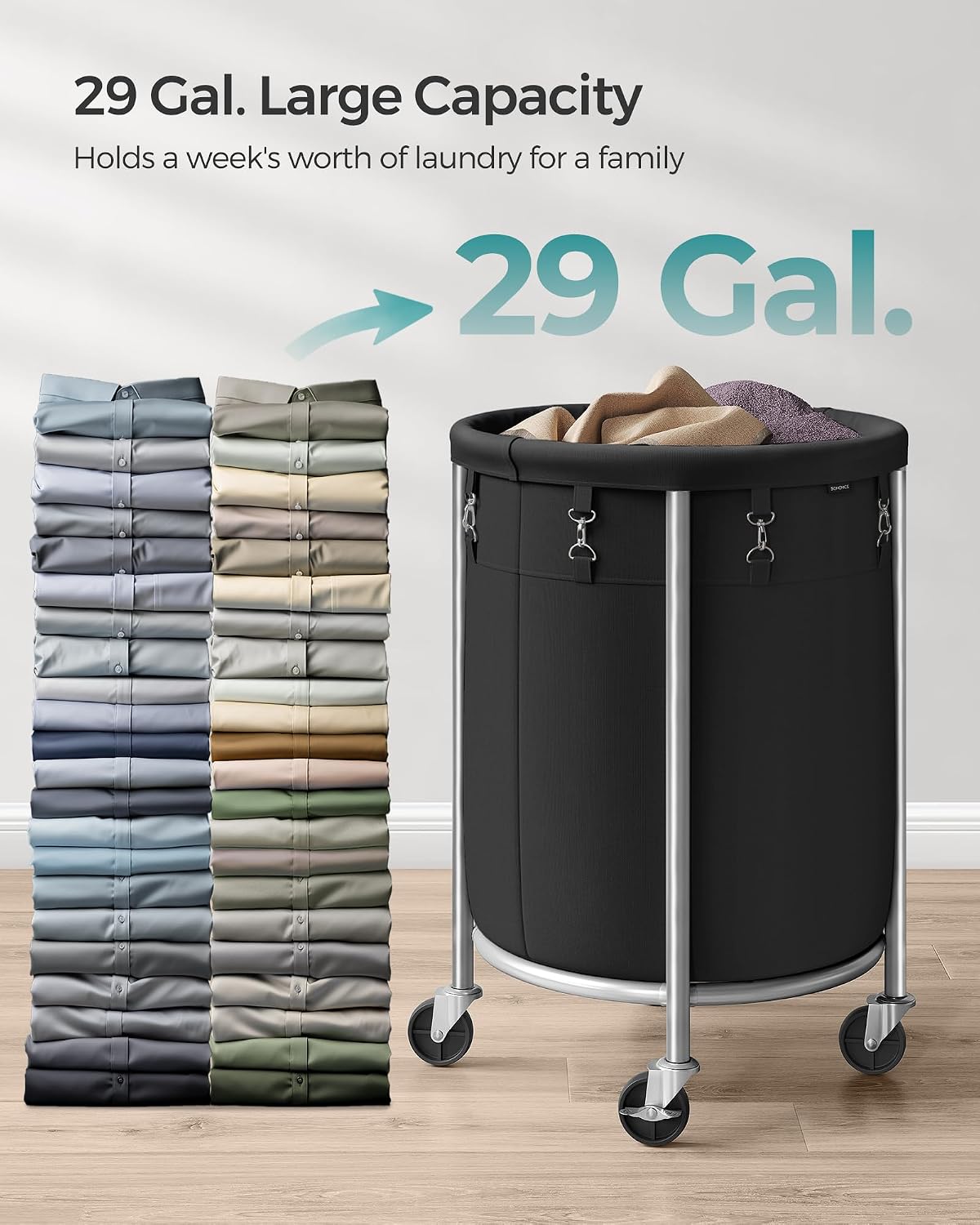 SONGMICS Laundry Basket with Wheels, 110L, Steel Frame, Removable Bag