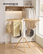 SONGMICS Clothes Drying Rack, Foldable Rotary Tripod, 16 Pull-Out Wood Arms
