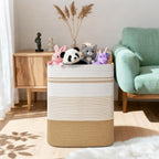 Laundry Hamper, 85L Tall Laundry Basket with Leather Handles, Rectangle Large Clothes Hamper for Organizing, Cotton Woven Laundry Baskets Storage Hampers for Bedroom, Nursery, Living Room