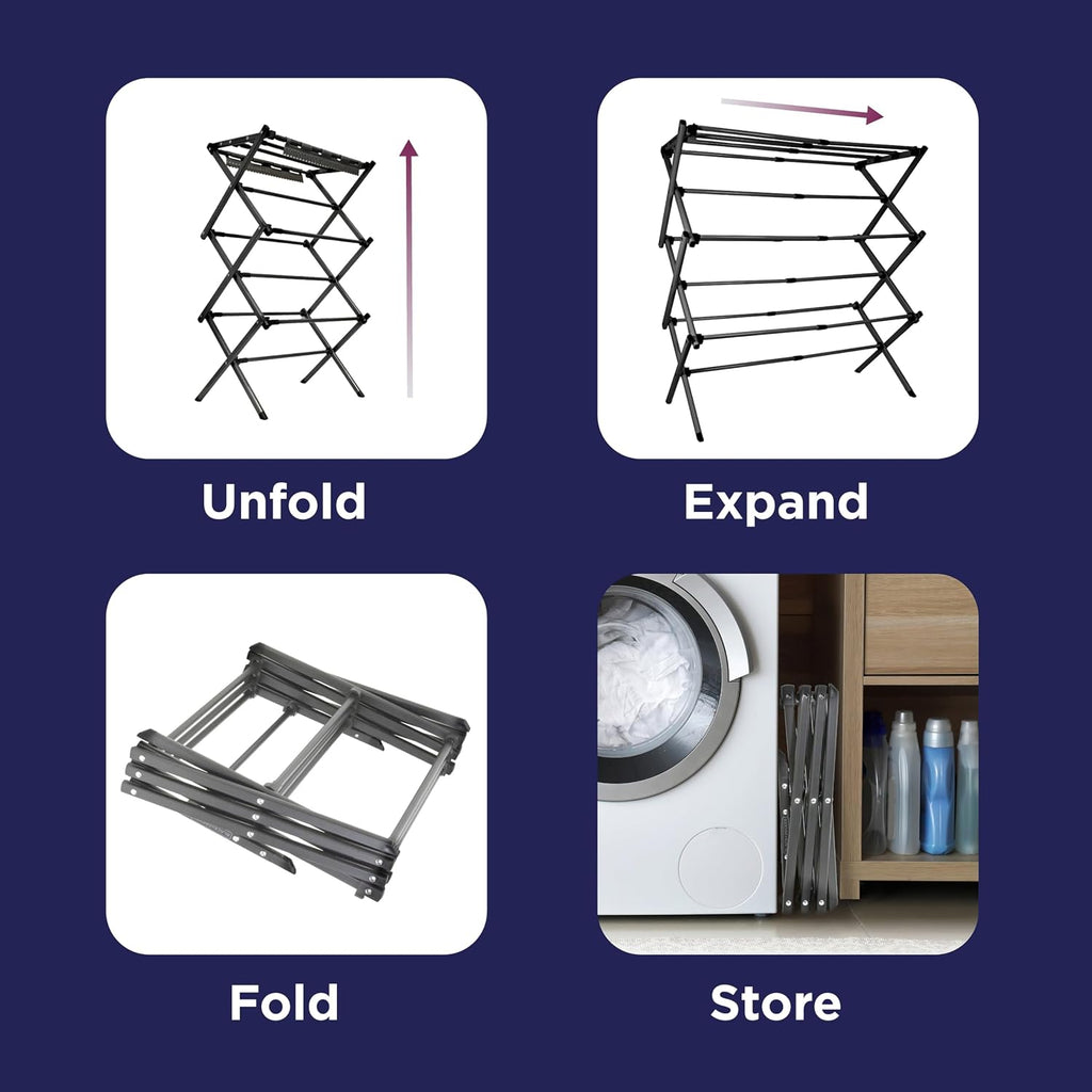 BLACK+DECKER Space Saving 3-Tier Expandable Clothes Drying Rack, Foldable Laundry Rack for Indoor Air Drying, Rust Resistant Steel, 24.6 Ft Drying Space, Grey