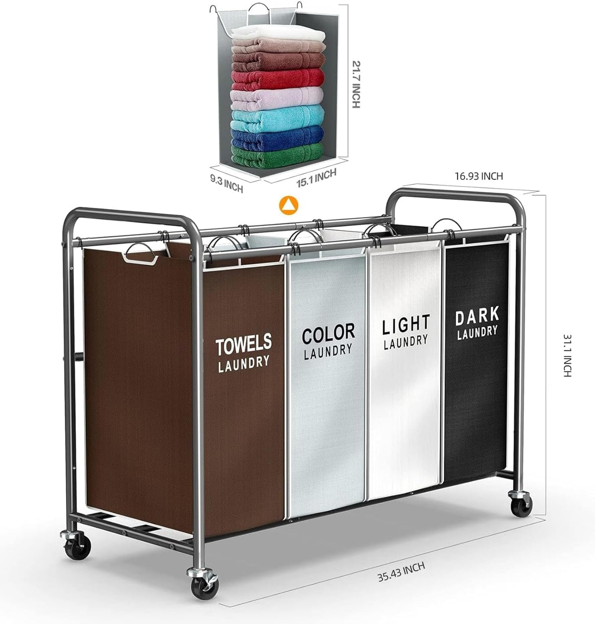 ROMOON Laundry Hamper Sorter Cart, 4-Section Organizer with Lockable Wheels