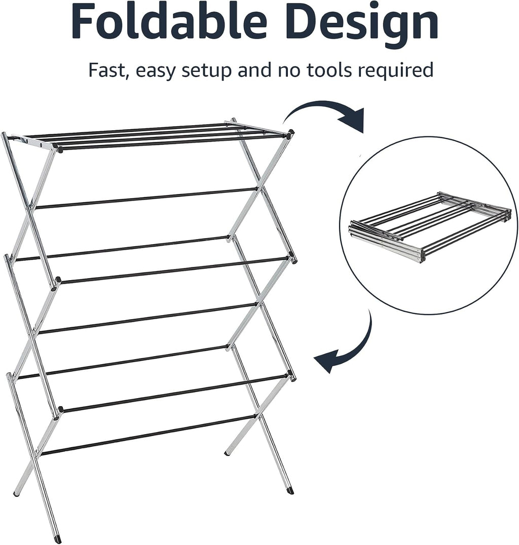 Amazon Basics Foldable Portable Metal Clothes Drying Rack for Indoor Air Drying, Energy Saving, 14.5 x 29.5 x 41.8 inches, Chrome Silver