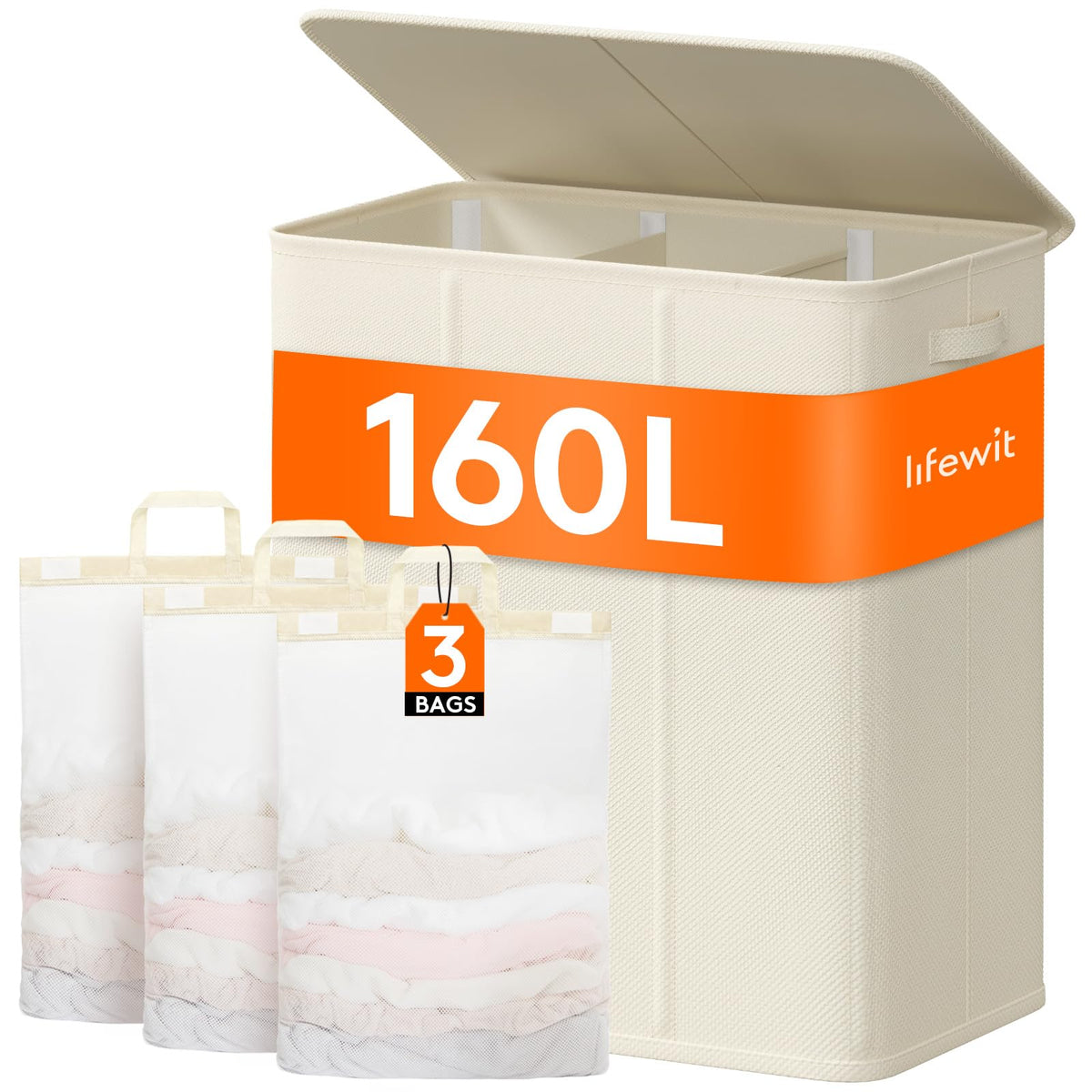 Lifewit Double Laundry Hamper with Lid, Removable Laundry Bags, Beige