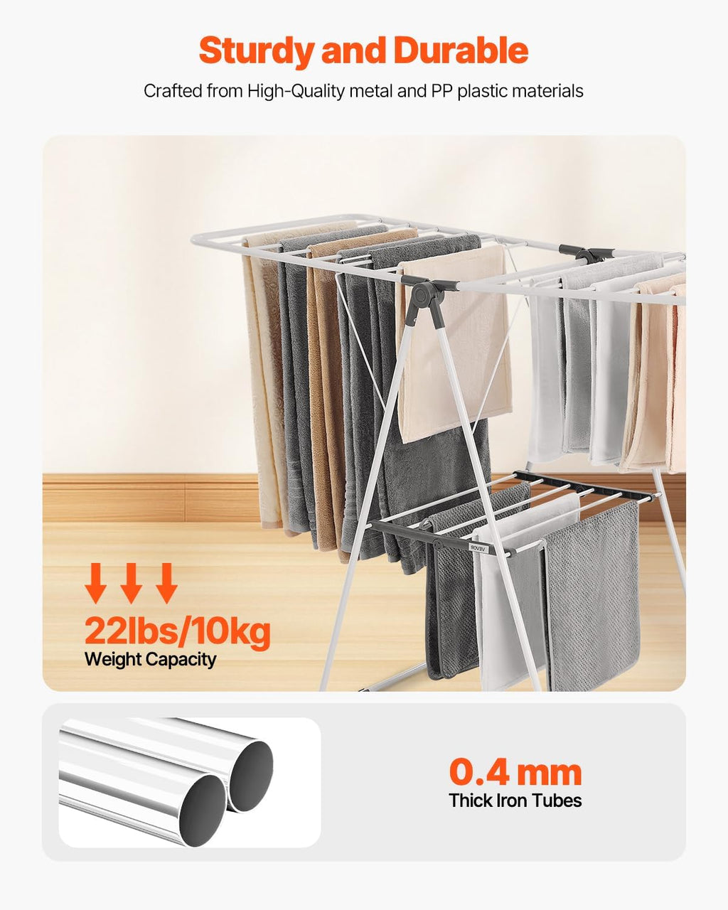 VEVOR Clothes Drying Rack, 2-Tier Foldable Laundry Dryer Rack with Sock Clips & 21 Drying Rods, Metal Height Adjustable Drying Racks for Outdoor & Indoor, Free-Standing & Space-Saving Hanger, White