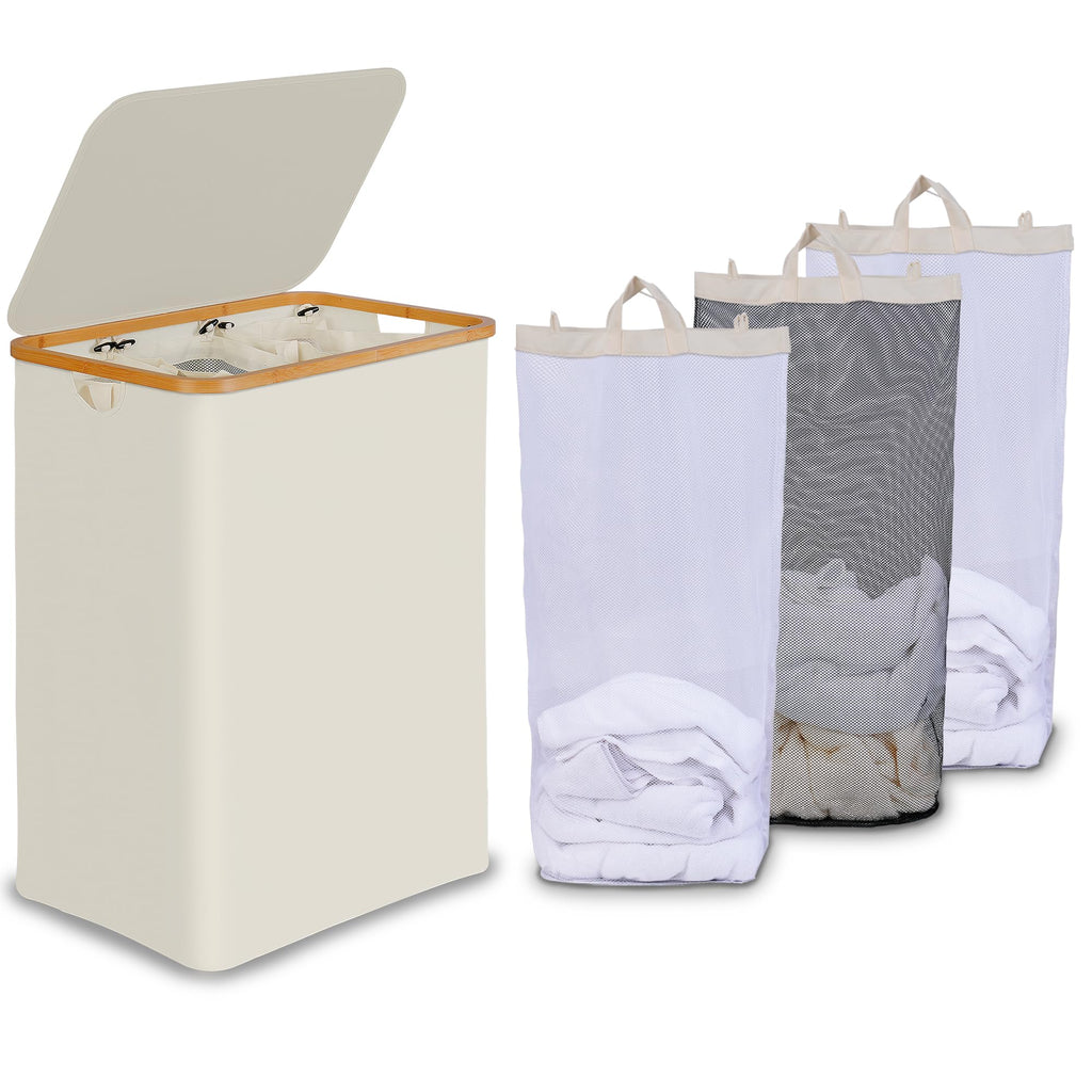 efluky Double Laundry Hamper with Lid and 2 Removable Bags, Beige