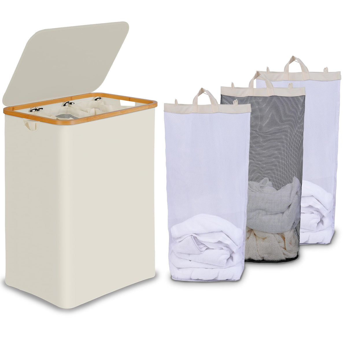 efluky Double Laundry Hamper with Lid and 2 Removable Bags, Beige