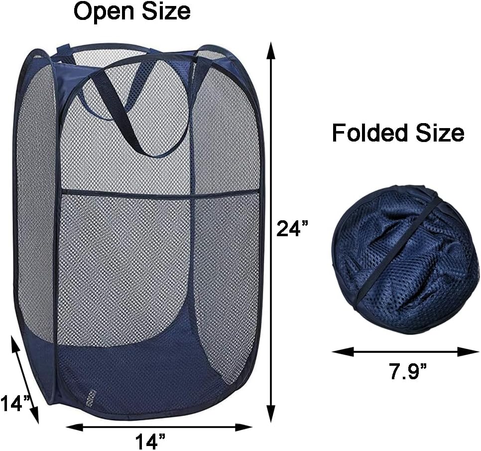 2 Packs Mesh Pop up Laundry Hamper (Black/Navy Blue) with Portable Durable Handles, Collapsible for Storage, Folding Pop-Up Clothes Hampers for Apartment, Home, College Dorm or Travel