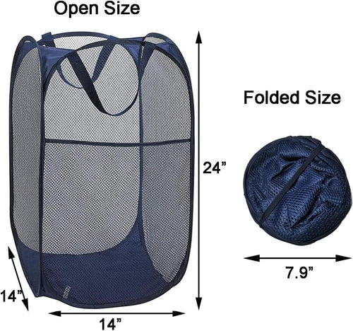 2 Packs Mesh Pop up Laundry Hamper (Black/Navy Blue) with Portable Durable Handles, Collapsible for Storage, Folding Pop-Up Clothes Hampers for Apartment, Home, College Dorm or Travel