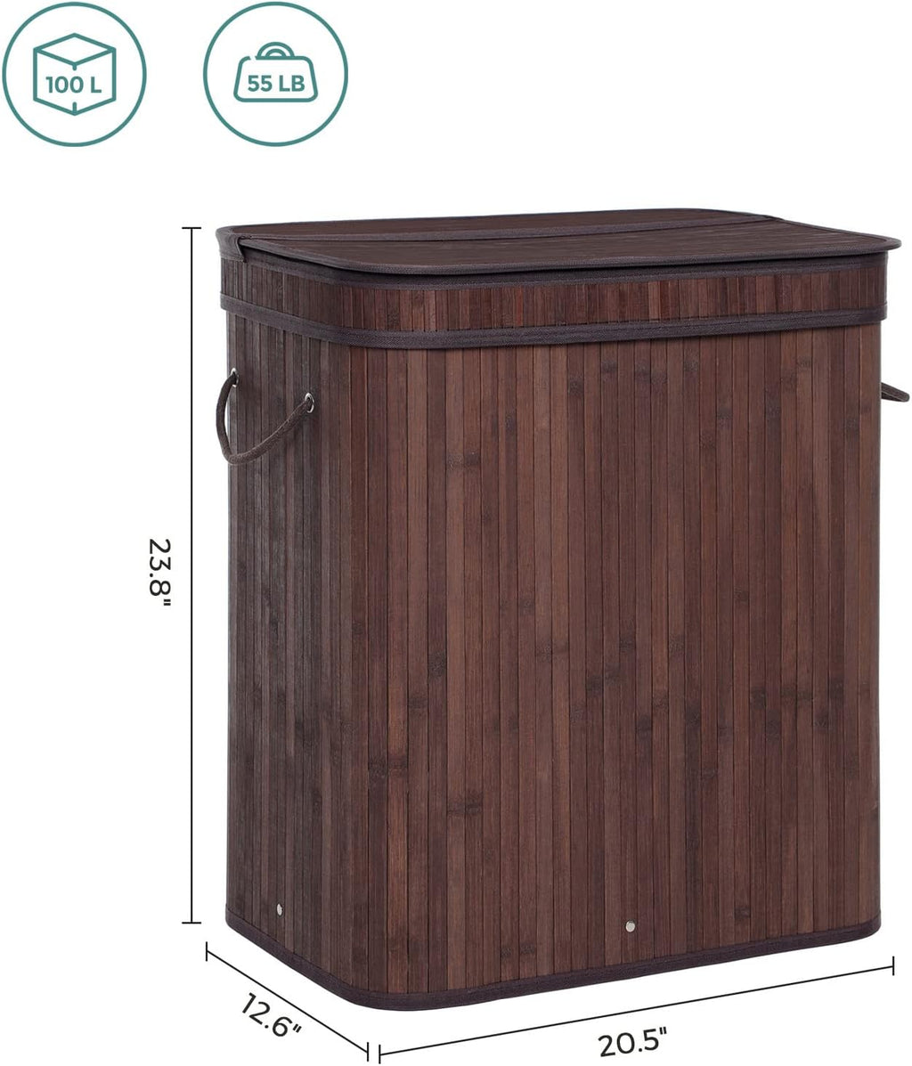 SONGMICS Bamboo Laundry Hamper with Lid, 100L, with Handles