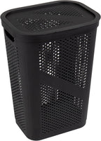 Mind Reader Slim Laundry Hamper with Lid, 60L Clothes Basket, Ventilated Plastic, Black