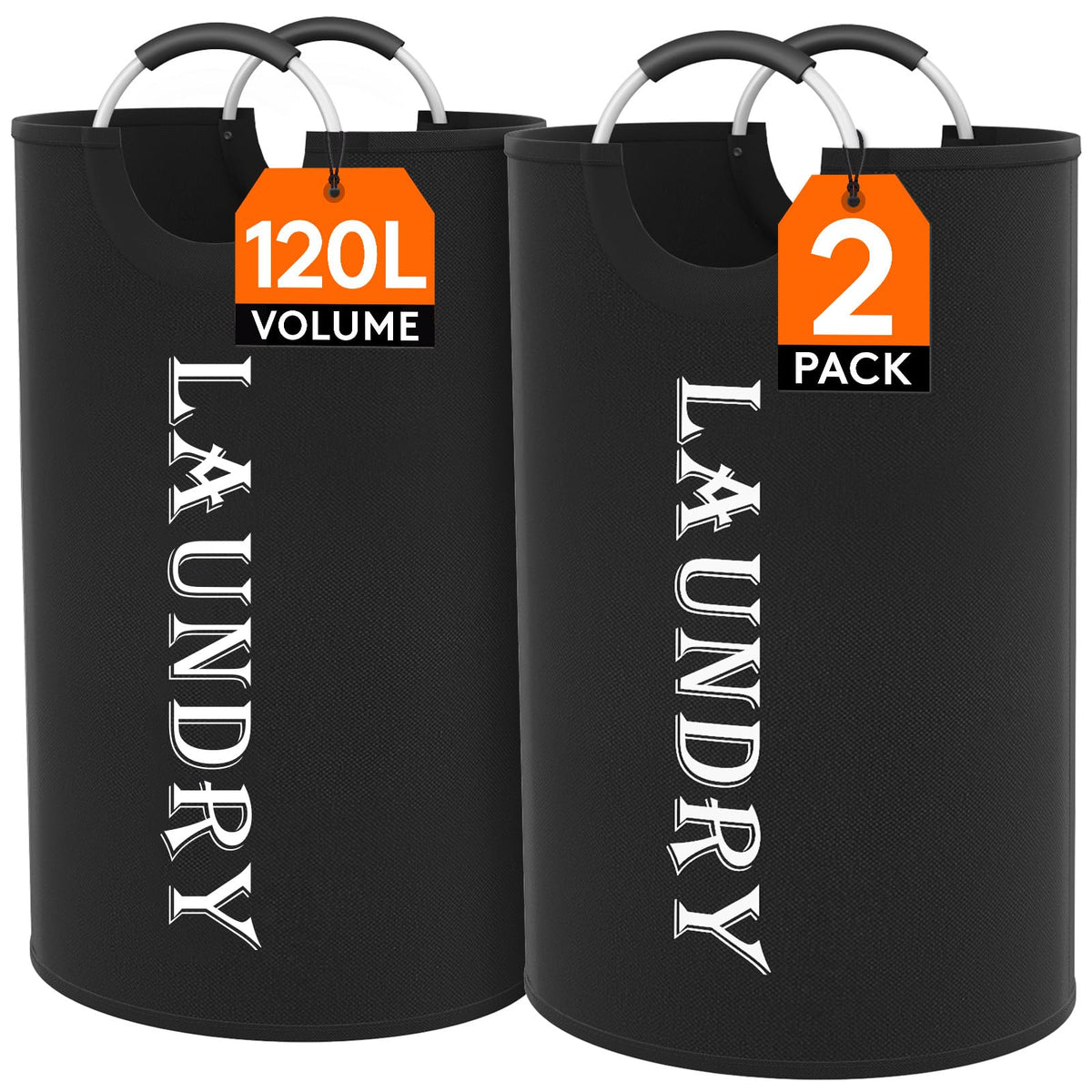Lifewit 2 Pack 100L Laundry Basket with Aluminum Handles, Black